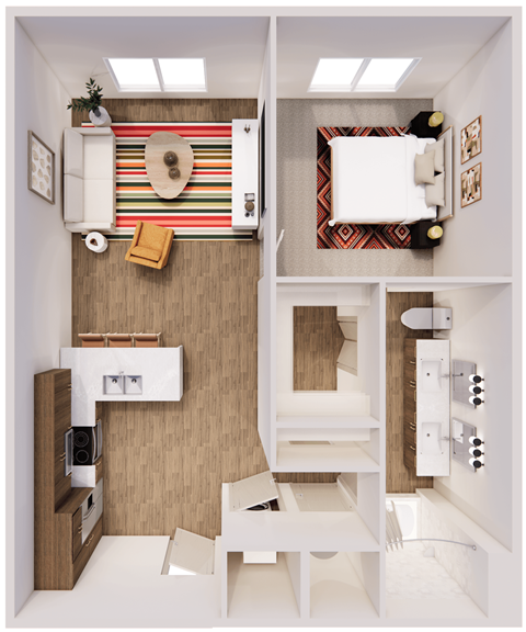 Floor plan for 1 bed, 1 bath, 801 sqft